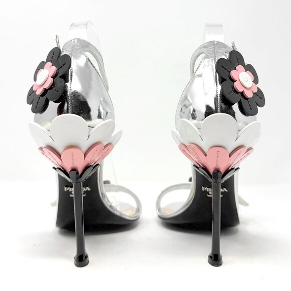 Prada Silver Floral Sandals 38 Patent Leather Heels Spring 2017 Runway Shoes - Picture 5 of 10